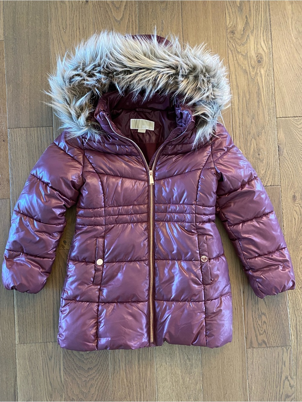 Michael Kors Girls' Plum Purple Puffer Coat with Faux Fur Hood